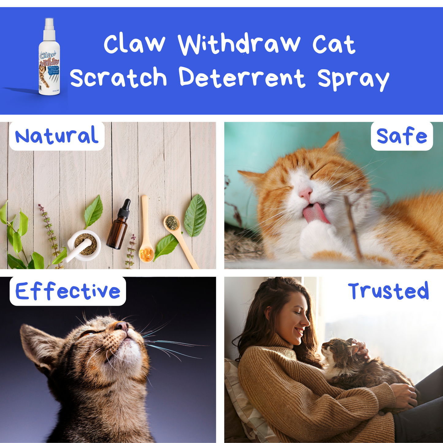 Claw Withdraw No Scratch Spray for Cats - Stop Cat Scratching with this Natural Cat Deterrent For Furniture, Carpets, Drapes, Leather, Fabric and More - 8 oz