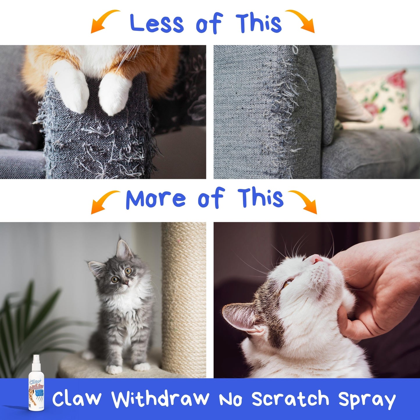 Claw Withdraw No Scratch Spray for Cats - Stop Cat Scratching with this Natural Cat Deterrent For Furniture, Carpets, Drapes, Leather, Fabric and More - 8 oz