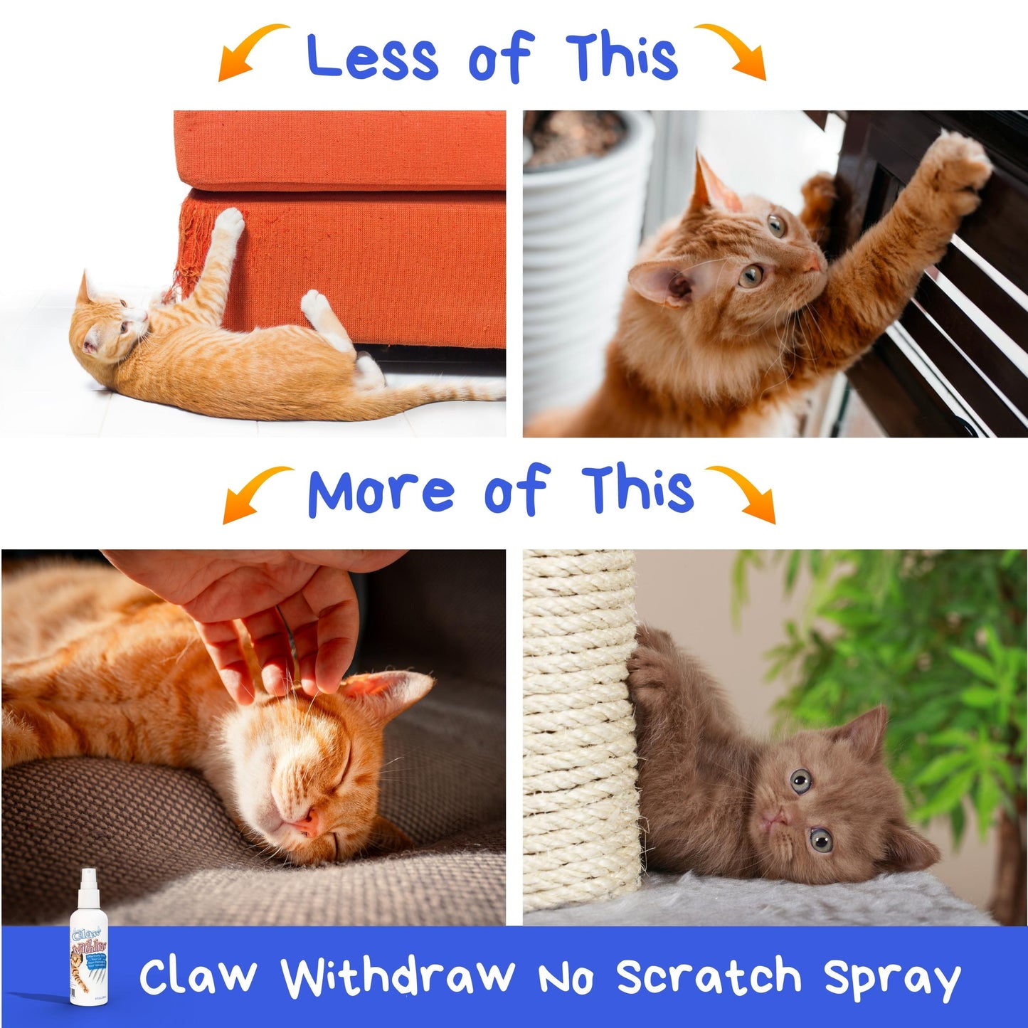 Claw Withdraw No Scratch Spray for Cats - Stop Cat Scratching with this Natural Cat Deterrent For Furniture, Carpets, Drapes, Leather, Fabric and More - 8 oz